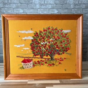Vintage Midcentury Needlepoint Wall Art Apple Orchard, Blue Birds, Apple Basket